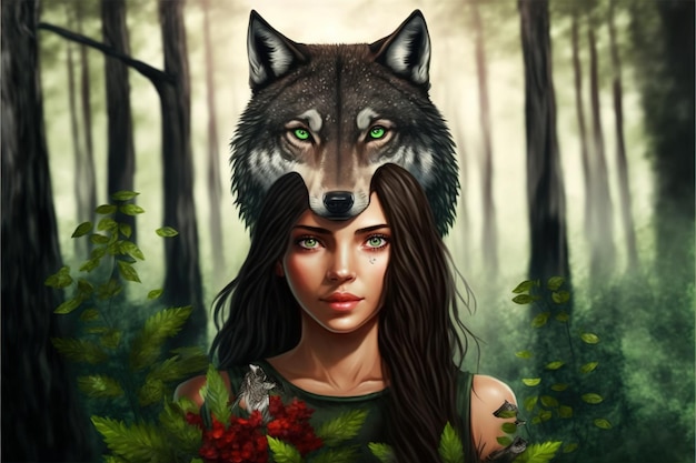 Photo girl in the forest with her wild pet wild girl with her wolf standing in the forest digital art style illustration painting