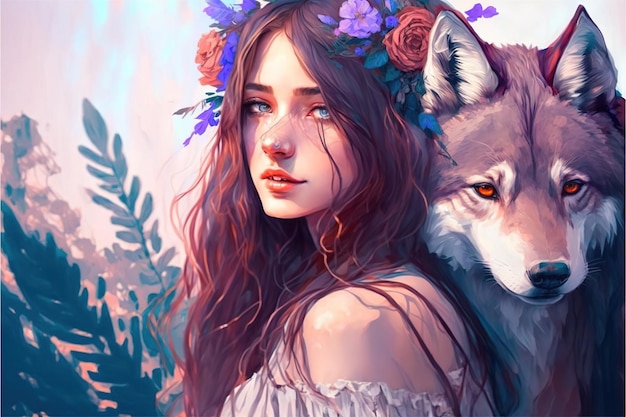 Girl in the forest with her wild pet Wild girl with her wolf standing in the forest Digital art style illustration painting