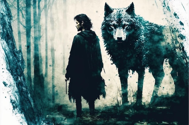 Girl in the forest with her wild pet Wild girl with her wolf standing in the forest Digital art style illustration painting