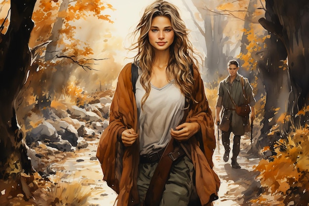 a girl in the forest with a man in the background