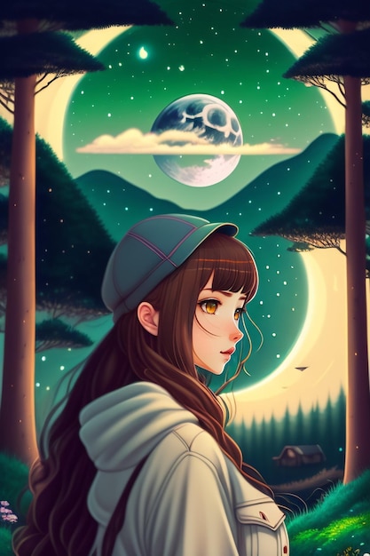 A girl in a forest with a moon in the background