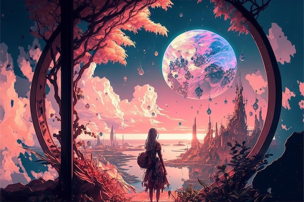 a girl in a forest with a moon in the background