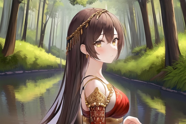 A girl in a forest with a red dress and gold eyes