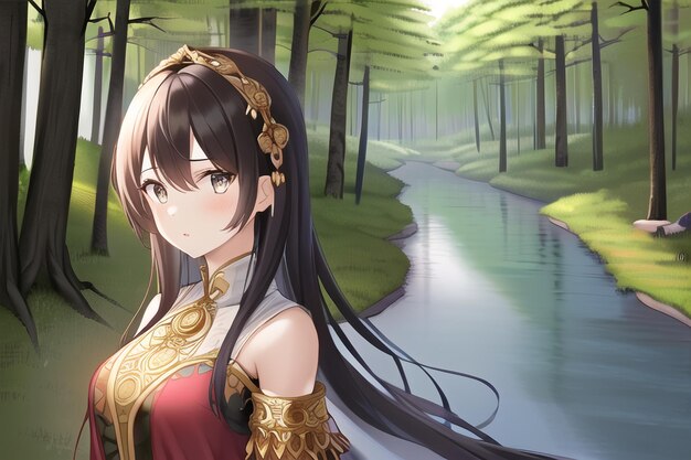 A girl in a forest with a river in the background