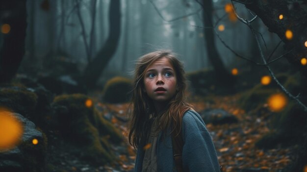 A girl in a forest with a yellow fire in the background