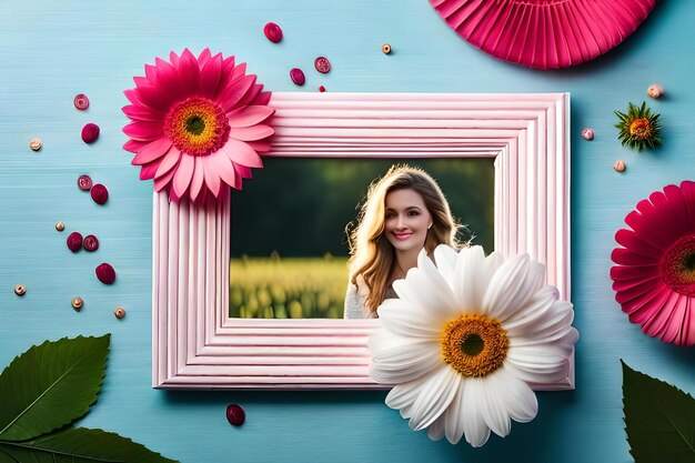 Foto una ragazza in una cornice con dei fiori e una foto di una ragazza in un quadro.