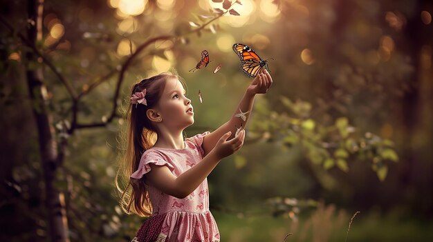 Photo the girl frees the butterfly from moment concept