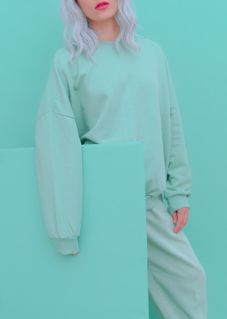 Girl in Fresh Mint Fashion Look Minimal aesthetic monochrome design Aqua menthe color trend