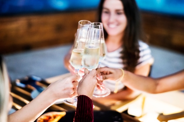 Girl friends toasting at dinner together at a rooftop bar