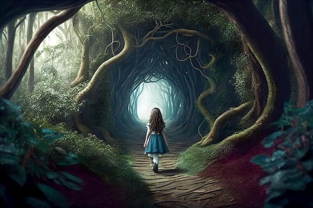 A girl from a fairy tale walking through a dense forest