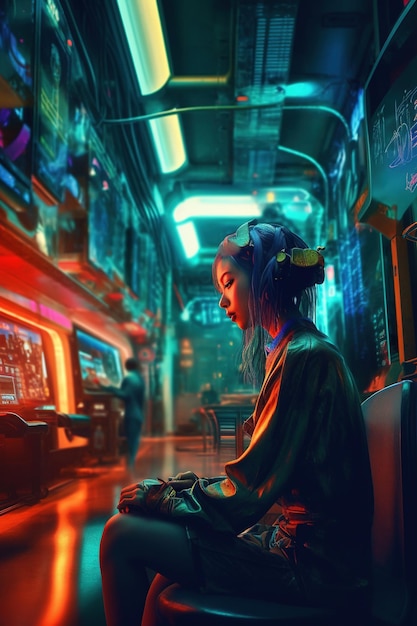 Foto una ragazza del futuro luminoso e risonante colorato dal futuro fantasy fantascienza donna in costume futuristico gioco di realtà aumentata tecnologia del futuro concetto di intelligenza artificiale vr