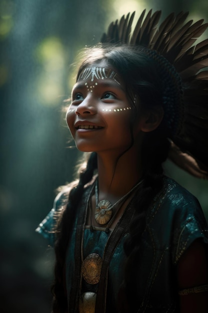 A girl from an Indian tribe with two pigtails and a pattern on her face in a feather headdress against a forest background