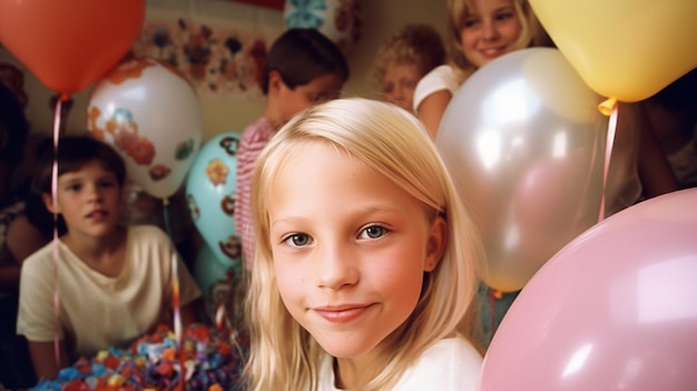 A girl in front of balloons with a girl behind her