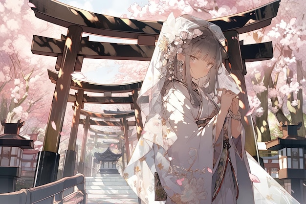 Foto la ragazza di fronte, torii sakura.