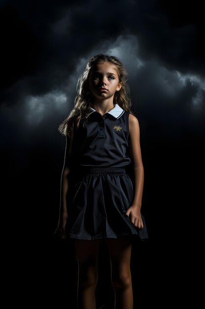 girl full body standing in gymnastics uniform