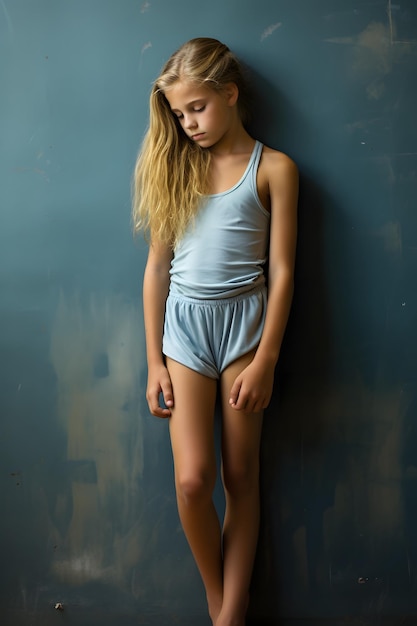 girl full body standing in gymnastics uniform