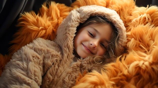 A girl in a fur hoodie lies on the sofa and smiles in her sleep the concept of World Sleep Day