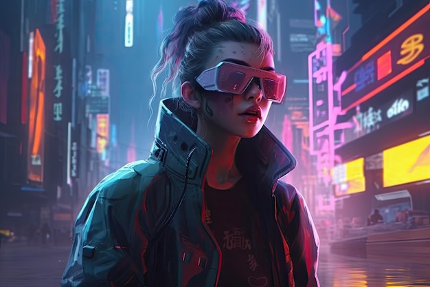 A girl in a futuristic city with a neon sign that says'cyberpunk'on it