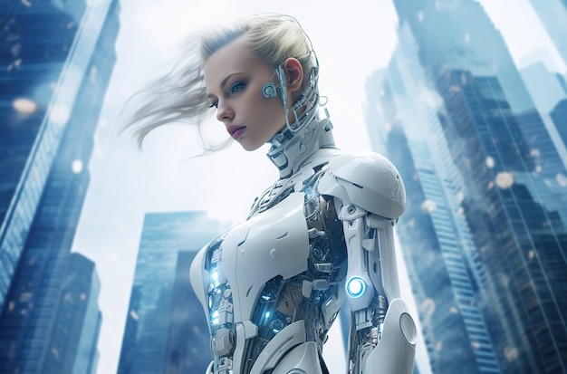 A girl in a futuristic outfit a halfrobot stands in front of skyscrapers Generative AI