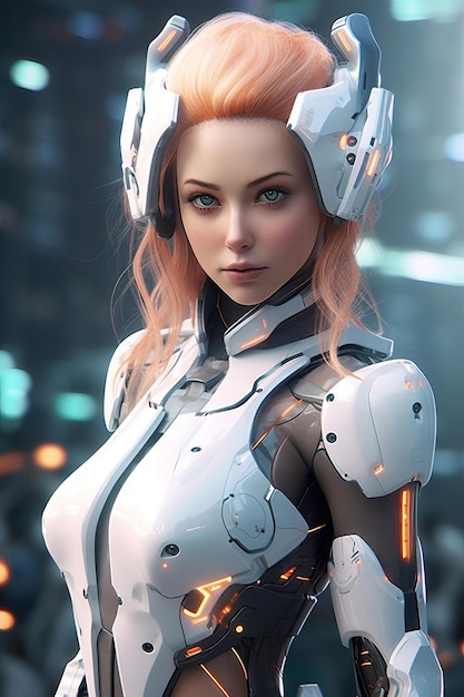 A girl in a futuristic suit with a white helmet and a blue eyes.