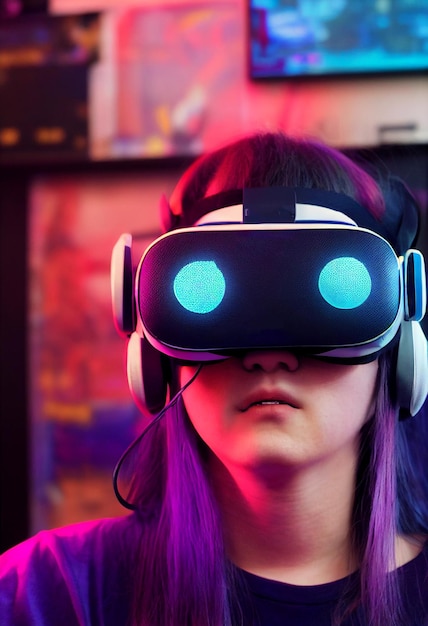 Girl gamer with Virtual Reality VR headset on head cyberpunk stylecomputer game new entertainment