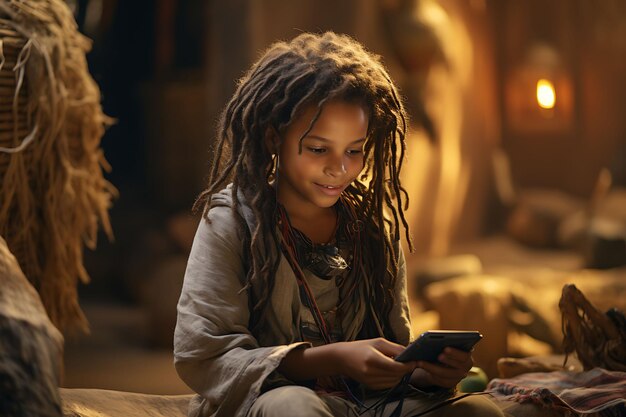 Photo a girl gaming on a battered psp tongue out focused sitting o slum kid photoshoot concept ideas