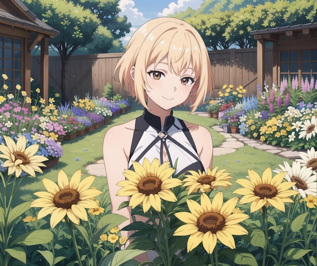 A girl in a garden of flowers is standing in front of a fence