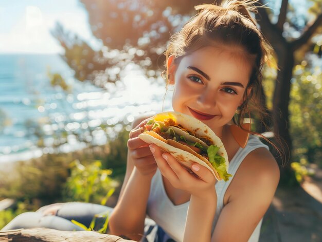 Photo girl gazes into the camera holding a tantalizing taco poised to savor its flavor in a moment bef