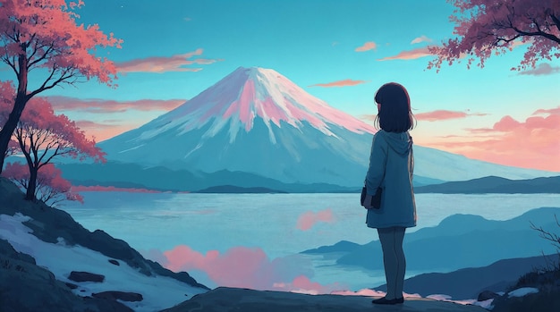 Girl gazing at Mount Fuji