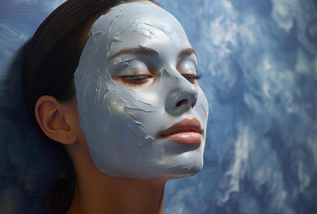 a girl gets a face mask at a spa in the style of light silver and indigo