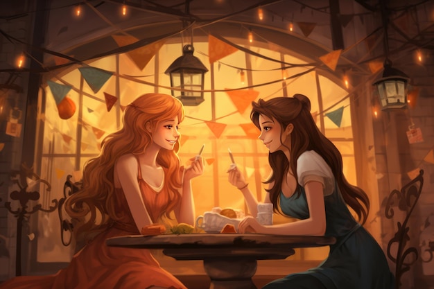 A girl and a girl eating lunch at a restaurant.