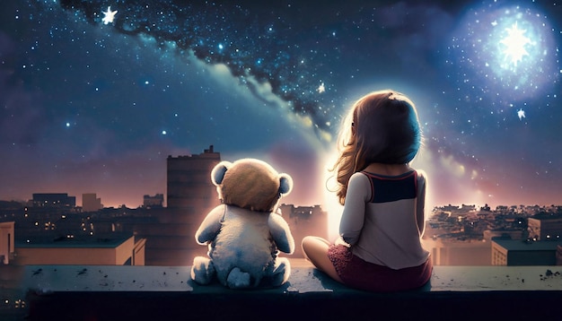 A girl and a girl sit on a ledge looking at a night sky with a galaxy in the background.