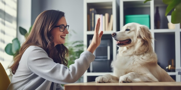 Photo a girl gives her pet a high five training your beloved dog at home at the table generative ai