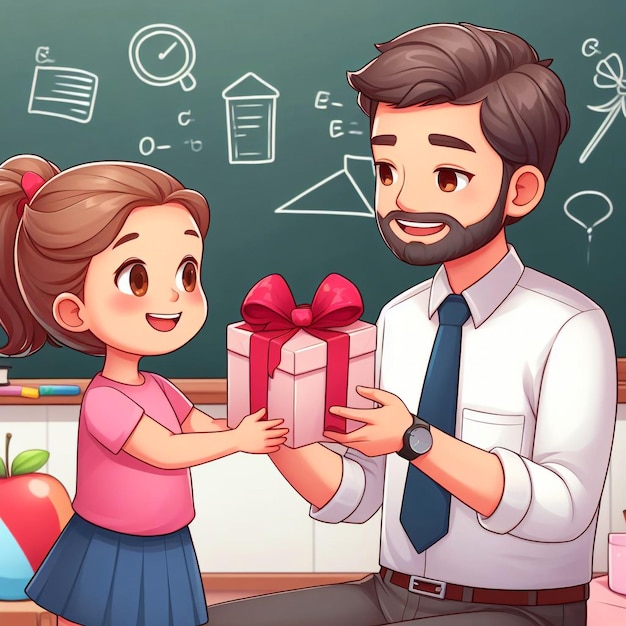 Девушка дает подарок своему учителю.