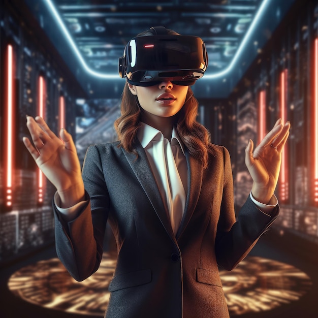 Girl in glasses of virtual reality future technology for playing game Generative Ai