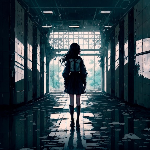 A girl in a gloomy corridor