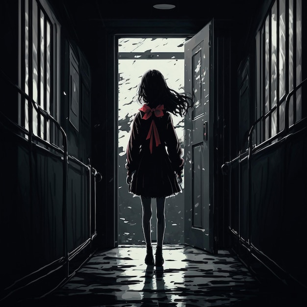 A girl in a gloomy corridor