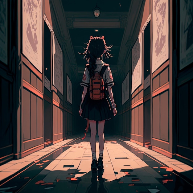 A girl in a gloomy corridor