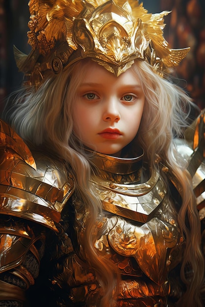 A girl in gold armor with a golden crown