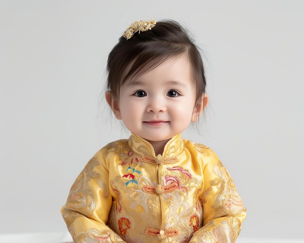 girl in gold cheongsam for Chinese happy new year concept