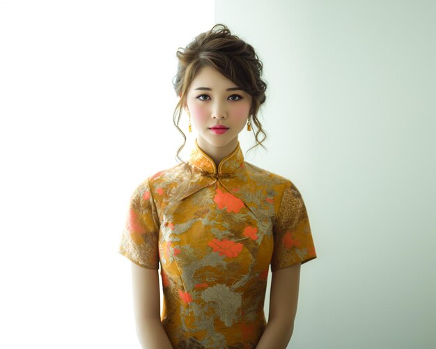 Photo girl in gold cheongsam for chinese happy new year concept