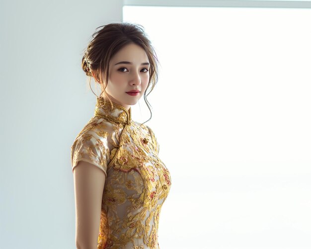 girl in gold cheongsam for Chinese happy new year concept