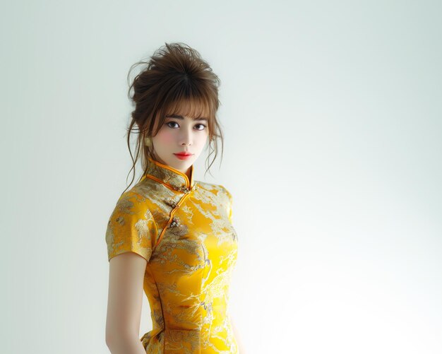 Photo girl in gold cheongsam for chinese happy new year concept