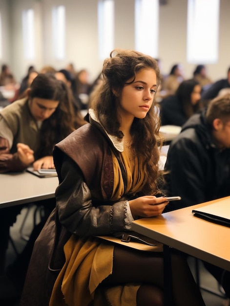 a girl in a gold dress is looking at a phone.