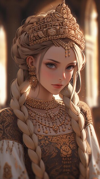 A girl in a golden dress with a braided hair.