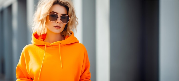 Girl golden hair wearing an orange hoodie and wear sunglasses