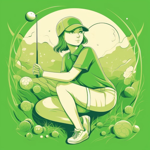 Girl golfer playing a green background cartoon illustration with generative ai