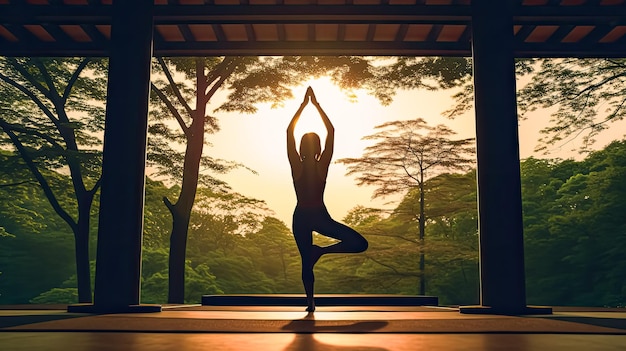 Photo a girl gracefully practices yoga finding serenity in the outdoor surroundings