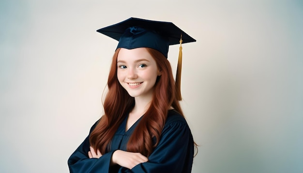 Foto una ragazza con un cappello e un abito da laurea sta posando per una foto