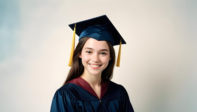 Foto una ragazza con un berretto e un abito di laurea sorride alla telecamera